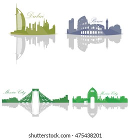 Set of Skylines, Dubai, Rome, Mexico City, Vector illustration