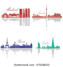 Set of Skylines, Madrid, Toronto, Paris, Dubai, Vector illustration