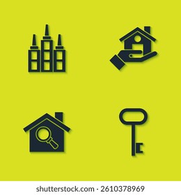Set Skyscraper, House key, Search house and Realtor icon. Vector