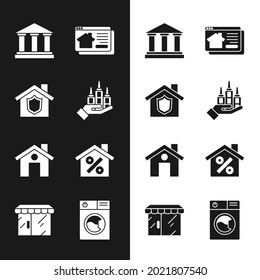 Rascacielos, Casa con escudo, Edificio Museo, Casa inmobiliaria en línea, descuento percant, Icono de Washer y Tienda de mercadería. Vector