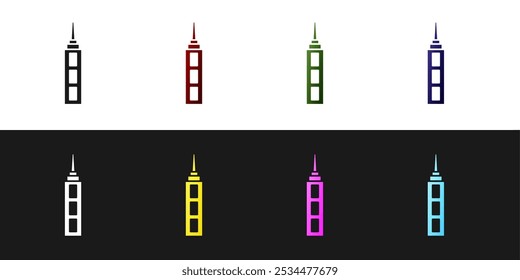 Set Skyscraper icon isolated on black and white background. Metropolis architecture panoramic landscape.  Vector
