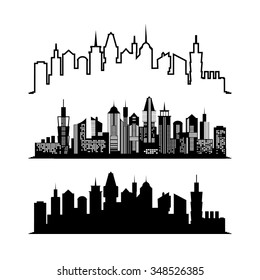 Set of skyscraper sketches. City architect design. Silhouette of the city isolated on white background. Vector flat illustration. Business concept with skyscrapers. Image for presentations, banners