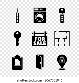 Set Skyscraper, Washer, House key, contract, Closed door, Location lock,  and Hanging sign with For Sale icon. Vector