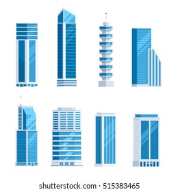 Set skyscrapers buildings. Tower city business architecture apartment and office building for urban landscape. Vector illustration in trendy flat style isolated on white background