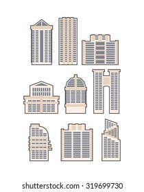 Set  skyscrapers and buildings. Vector icon.  Urban House
