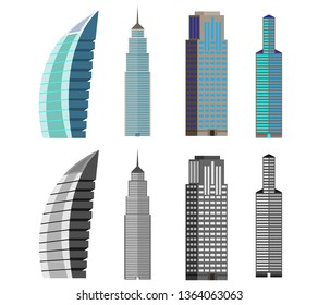 Set of skyscrapers and tall buildings. Buildings of various shapes in color and black and white. Isolated on white background.