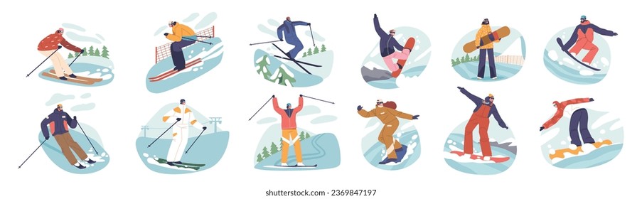 Set Of Slalom Sportsmen Characters Skillfully Navigate Twisting Course, Their Precision And Agility On Full Display