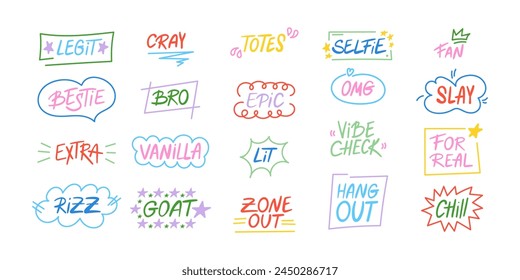Set of slang words, hand drawn lettering of modern short phrases. Gen Z buzzword, millenial catchphrase stickers collection with colorful doodles