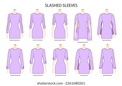Set of Slashed sleeves clothes long, short, hanging, cape, slashed, slit technical fashion illustration with fitted body. Flat apparel template front side. Women, men unisex CAD mockup