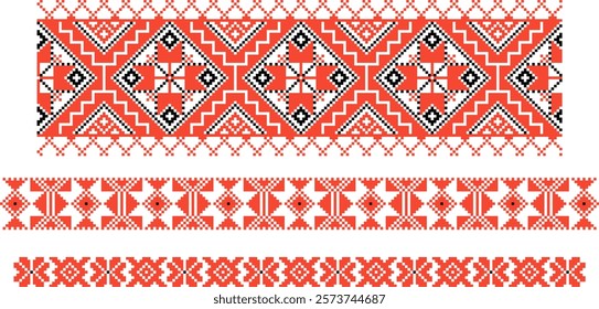 Set of Slavic ornaments. Symbolic image of nature, wealth, harvest. Repeating pattern in authentic red and white colors.