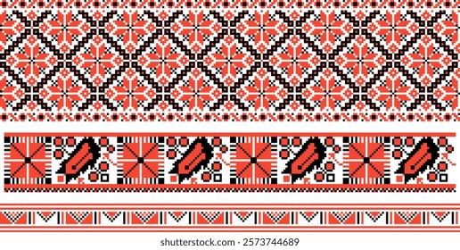 Set of Slavic ornaments. Symbolic image of nature, wealth, harvest. Repeating pattern in authentic red and white colors.