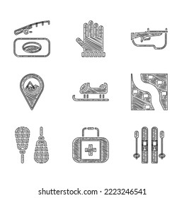 Set Schlitten, Erste Hilfe-Kit, Ski und Stöcke, Route Lage, Schneeschuhe, Lage mit Berg, Biathlon-Gewehr und Winter-Angelsymbol. Vektorgrafik