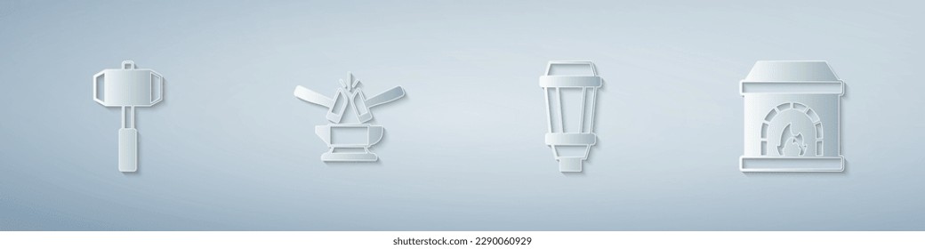 Set Sledgehammer, Anvil and, Garden light lamp and Blacksmith oven. Paper art style. Vector