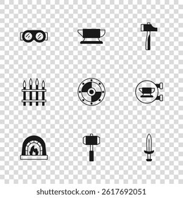 Set Sledgehammer, Blacksmith anvil tool, Medieval sword, Round shield, Hammer, Welding glasses,  and Classic iron fence icon. Vector