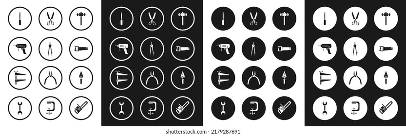 Set Sledgehammer, Drawing compass, Electric drill machine, Screwdriver, Hand saw, Scissors, Trowel and Clamp tool icon. Vector