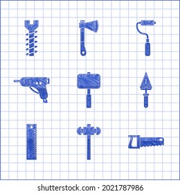 Set Blechhammer, Handsäge, Trowel, Ruler, Elektrische Heißklebepistole, Pinsel und Metallschraube. Vektorgrafik