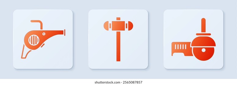 Set Sledgehammer, Leaf garden blower and Angle grinder. White square button. Vector