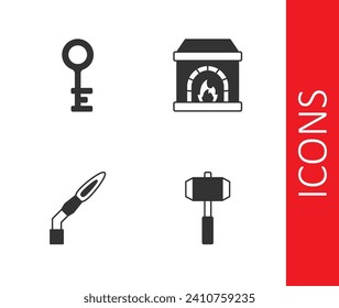 Set Vorschlaghammer, Alter Schlüssel, Schweisskapsel und Schmiedeofensymbol. Vektorgrafik