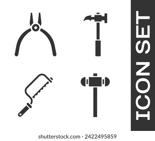 Set Sledgehammer, Pliers tool, Hacksaw and Claw hammer icon. Vector