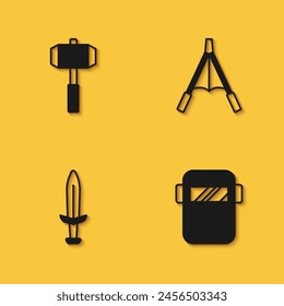 Conjunto de martillo, máscara de soldadura, espada medieval y soplador de aire icono de fuelles con sombra larga. Vector
