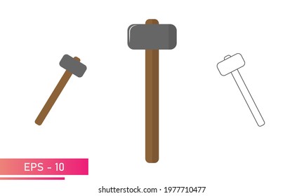 A set of sledgehammers, with rounded and smooth shapes and a wooden handle. Realistic and linear design. On a white background. Tools for the blacksmith. Flat vector illustration.