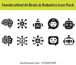 A set of sleek, black icons representing AI and robotics, utilizing a distinctive flat silhouette style for a modern look.