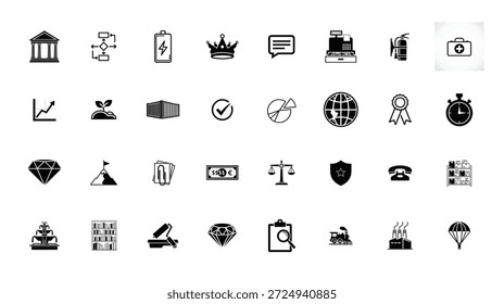 Un conjunto de iconos elegantes y contemporáneos que representan varios aspectos de los negocios y la tecnología, perfecto para su uso en materiales digitales e impresos.