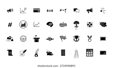 Un conjunto de iconos elegantes y modernos que representan los conceptos de negocios, tecnología y comunicación en negro, ideales para su uso en materiales digitales e impresos.