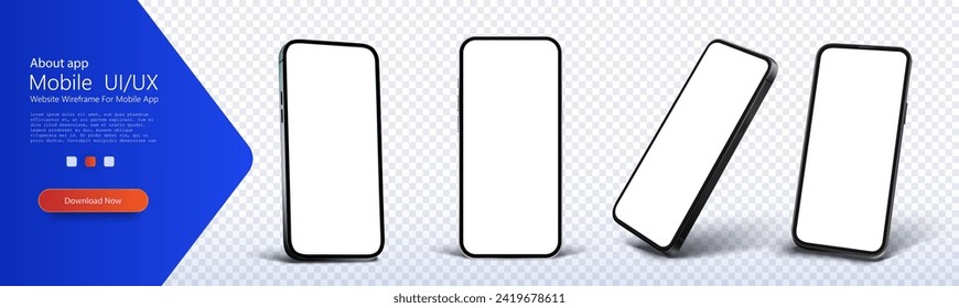 Conjunto de elegantes y modernas maquetas de smartphones con pantallas en blanco, mostradas en diferentes ángulos contra un fondo transparente. Modernas maquetas de Smartphone en varios ángulos sobre fondo transparente. Vector 