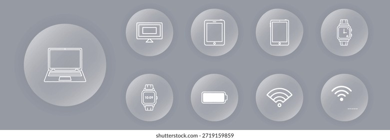 Um conjunto de ícones vetoriais elegantes que representam vários dispositivos tecnológicos modernos e dispositivos de conectividade
