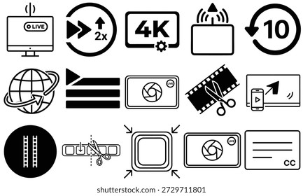 Conjunto de iconos de edición y transmisión para proyectos de medios modernos