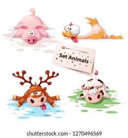 Set sleep animals - pig, duck, deer, cow Vector eps 10