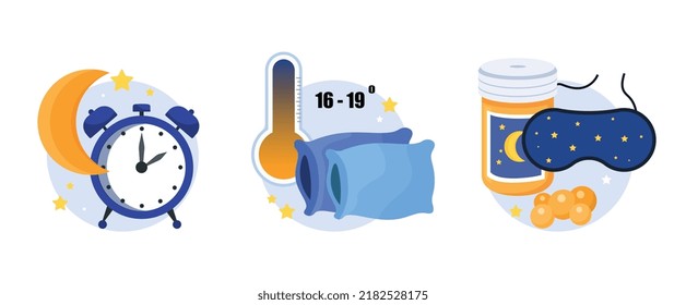 Set for sleep. Collection of posters and banners for website. Rest and recuperation. Alarm clock, pills, temperature and pillows. Cartoon flat vector illustrations isolated on white background