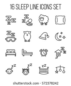 Set of sleep icons in modern thin line style. High quality black outline nap symbols for web site design and mobile apps. Simple sleep pictograms on a white background.
