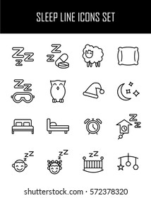 Set of sleep icons in modern thin line style. High quality black outline nap symbols for web site design and mobile apps. Simple sleep pictograms on a white background.