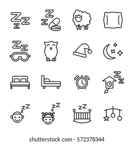 Set of sleep icons in modern thin line style. High quality black outline nap symbols for web site design and mobile apps. Simple sleep pictograms on a white background.