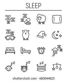 Set of sleep icons in modern thin line style. High quality black outline nap symbols for web site design and mobile apps. Simple sleep pictograms on a white background.