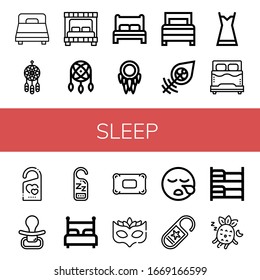 Set of sleep icons. Such as Bed, Dreamcatcher, Nightgown, Do not disturb, Pacifier, Pillow, Eye mask, Sleeping, Bunk bed , sleep icons