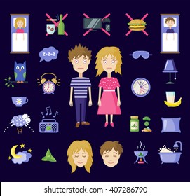 Set of sleep and insomnia icons in flat style. Isolated objects. Symbols  for infographics or web use. Vector insomnia concept.