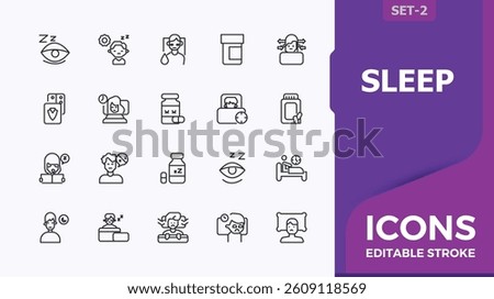 Set of Sleep line icon. Contains outline symbols like bedroom, problem, insomnia, bed, sleep. Sleep Problems icon collection. Minimalist thin line style icons. Pixel perfect. Editable vector.