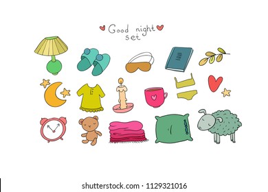 Set for sleep. Lovely things for the bedroom. Good night. Sweet Dreams.  isolated objects on white background. Vector illustration