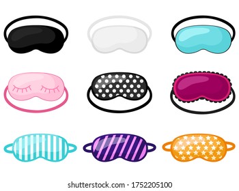 Set sleep mask with different design on white background. Kit face mask for sleeping human with polka dot, striped, with lace and stars in flat style vector illustration.  