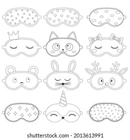 set of sleep mask with a pattern, black contour, isolated vector illustration