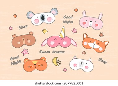 Set of sleep masks. Collection of images for cutting on paper. Design of clothes for children. Decorations for holiday, cute animals. Cartoon flat vector illustrations isolated on orange background