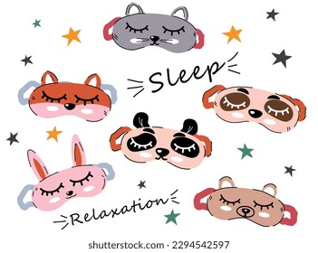 A set of sleep masks depicting animals in a modern trendy style. Relaxation. Vector stock illustration. isolated