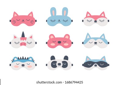 Set of sleep masks for eyes with cute animals. Night accessory to healthy sleep, travel and recreation. Isolated vector illustrations on white background