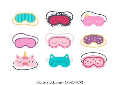 Set of sleep masks for eyes. Night accessory to healthy sleep, travel and recreation. Isolated vector illustrations on white background