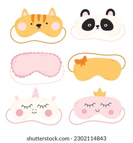 Set of sleep masks in flat style. Collection of hand drawn masks. Vector illustration. Iasca for sleeping with a cat, panda, unicorn.