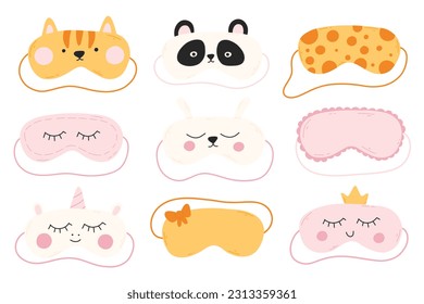 Set of sleep masks in flat style. Collection of hand drawn masks. Vector illustration. Iasca for sleeping with a cat, panda, unicorn.