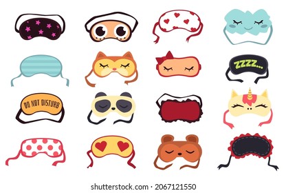 A set of sleep masks for protection of eyes during sleeping. Night blindfolds with cute faces of animal, captions and patterns. Flat cartoon vector illustrations isolated on white.